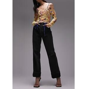 NEW TOPSHOP NORDSTROM Multicolor Printed Long Sleeve Ruched Top Size 4-6